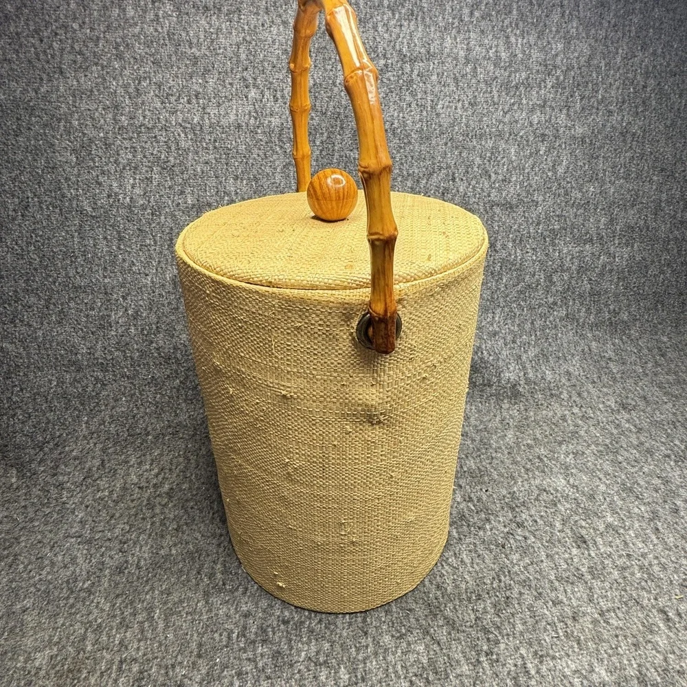 Vintage‎ Wicker Ice Bucket Faux Bamboo Handle Mid Century Barware 15